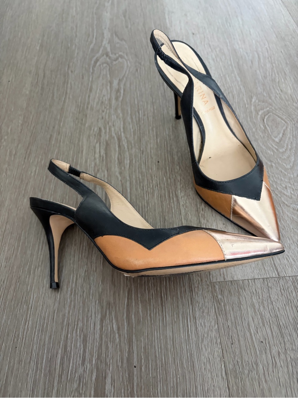 San marina Pointed Toe‎ Slingback Heels in Black, Tan & Metallic Rose